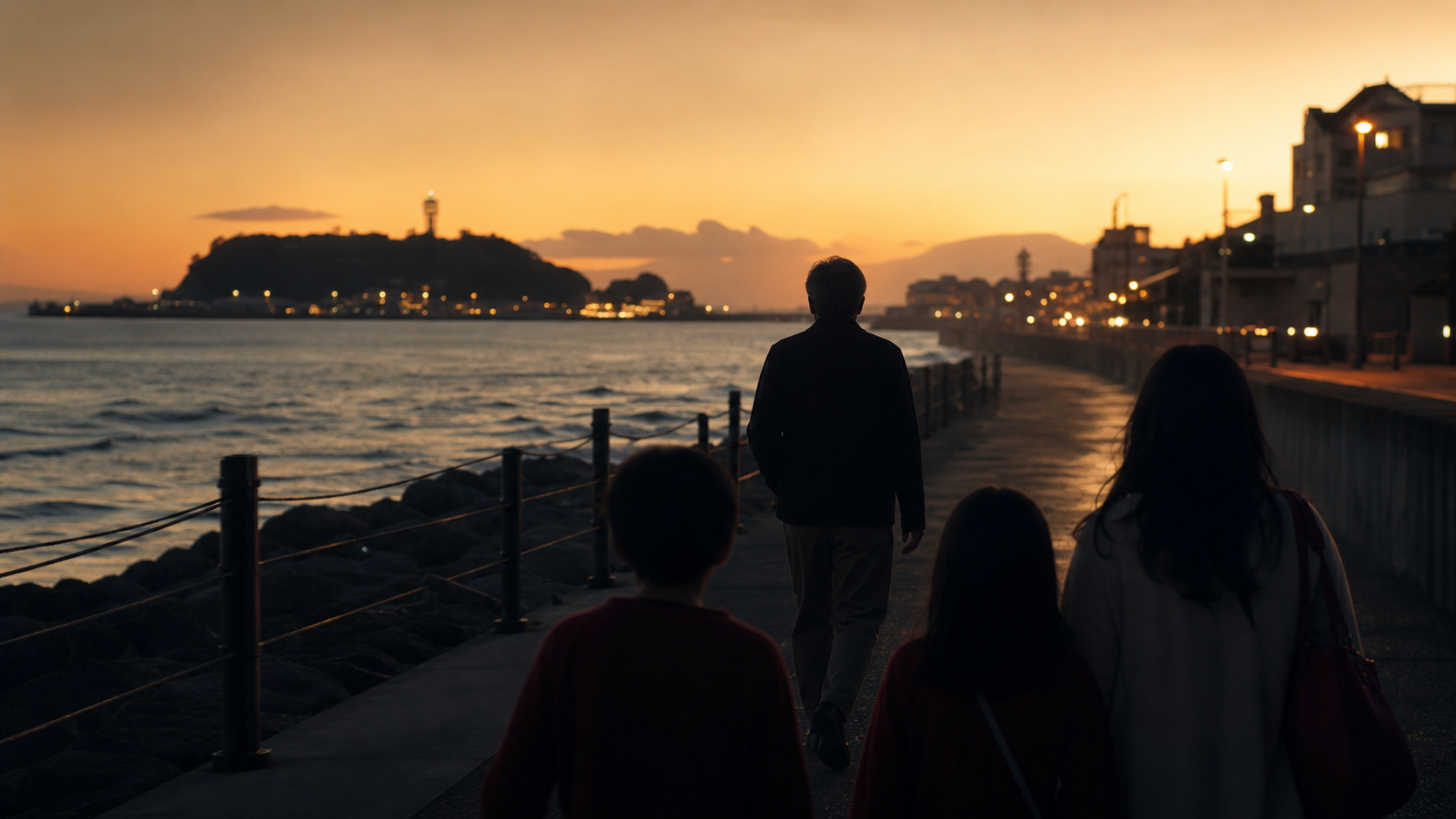 江の島の夕景を歩く父の背中のシーン