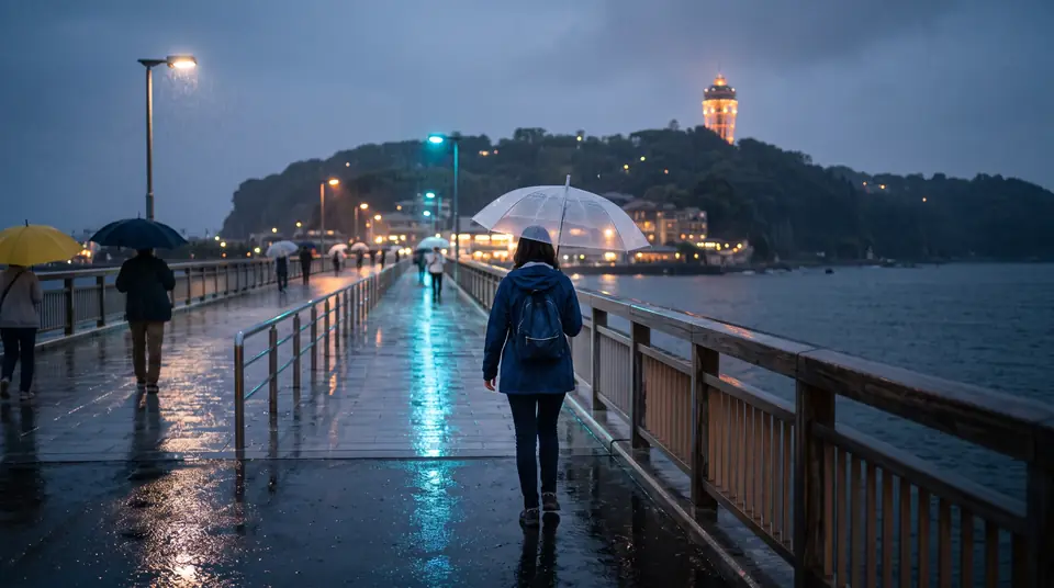 雨の日に江の島を歩く観光客のイメージ